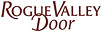 Logo with the text 'Rogue Valley Door' featuring a stylized brown and black door icon integrated between the words