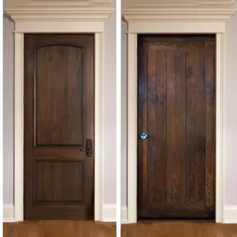 Four different wooden doors: a sliding barn-style door with diagonal bracing, a dark wood paneled door with decorative molding, a rustic dark wood plank door, and a natural wood bathroom door partially open showing a sink and mirror inside.