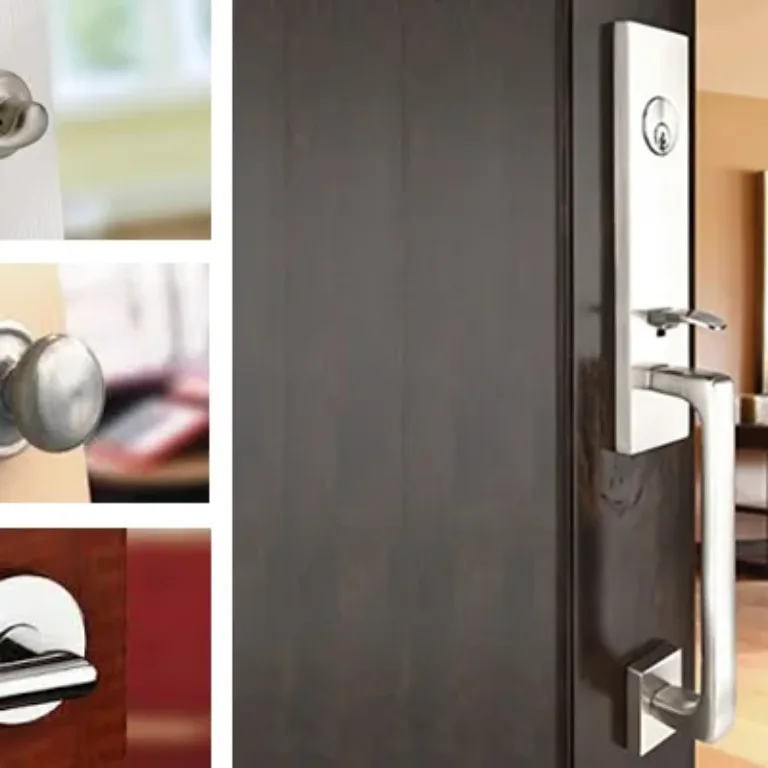 Collage of four different door handles and locks: a silver lever handle on a white door, a round silver doorknob on a beige door, a horizontal silver bar handle on a wooden door, and a modern vertical handle and lock on a dark door with a living room in the background.