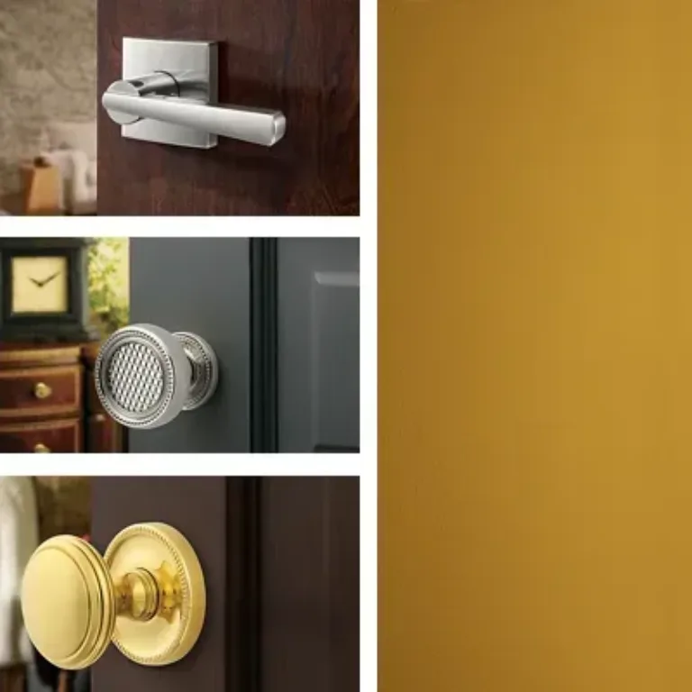 Collage of four door handles including a modern silver lever, a round silver knob with a textured grip, a classic gold round knob, and a tall silver and black vertical handle on a yellow door next to a modern interior with flowers.