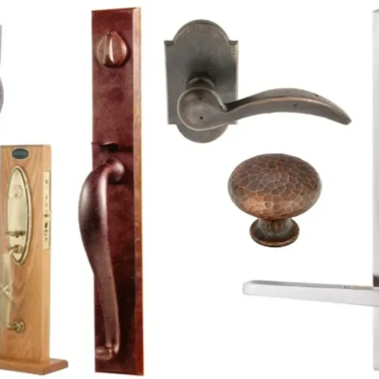 Various styles of door handles and knobs including antique metal knobs, modern lever handles, and wooden display panels with door lock mechanisms.