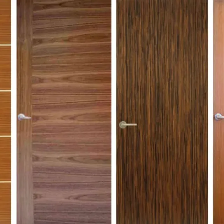 Four wooden doors side by side, each with a distinct wood grain pattern and horizontal or vertical lines, featuring metallic door handles on the left side of each door.