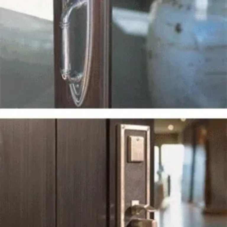 Two close-up views of modern door handles with built-in electronic locks, showing sleek metal design on dark-colored doors in indoor settings.