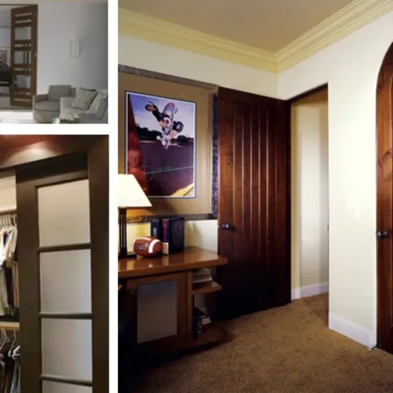 Collage of three images showing different wooden door designs: top left image features a modern, slatted wooden door in a minimalist living room; bottom left image shows a sliding wooden door with frosted glass panels leading to a closet; right image depicts a hallway with two dark wooden doors, one rectangular and one arched, next to a wooden desk with a lamp and football.