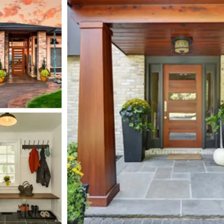 Collage of three images showing different views of a modern house entrance: top left is the front exterior with a sunset sky, bottom left shows an open Dutch door with a coat rack and shoes in a mudroom, and the right side highlights a front porch with wooden pillars, potted plants, and a wooden door with glass panels.