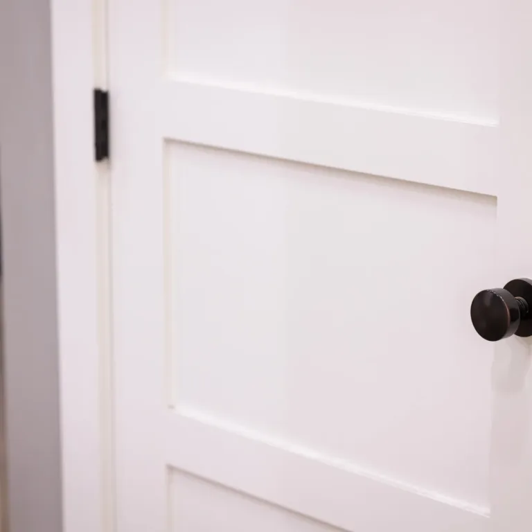 Close-up of a white paneled door with a matte black round door knob.