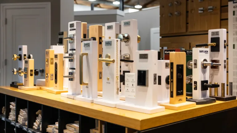 Display of various door locks and handles mounted on white and wooden panels on a countertop in a hardware store showroom.