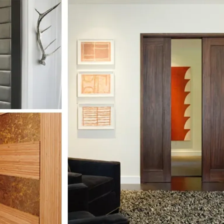 Collage showing three different interior views of wooden doors: top left corner features a sliding wooden door with horizontal panels and a mounted antler on the wall, bottom left corner shows a close-up of a wooden door with two horizontal wood grain panels, and the right side displays a room with dark wooden double sliding doors partially open revealing a red abstract artwork inside, with framed artwork on adjacent walls and a textured rug on the floor.