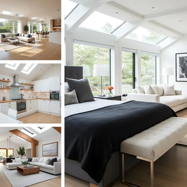 Collage of modern home interiors including a bright living room with large windows and a sectional sofa, a white kitchen with skylights and wooden shelves, and a spacious bedroom with black and white bedding, a bench at the foot of the bed, large windows, and a white sofa.