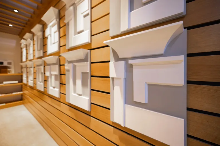 Display of various white architectural molding corner samples mounted on a wooden slat wall in a showroom or store interior.
