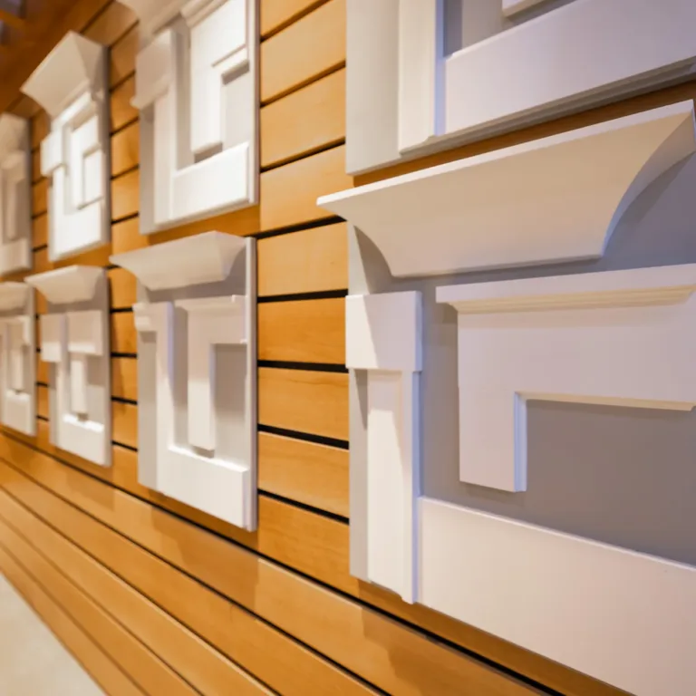Display of various white architectural molding corner samples mounted on a wooden slat wall in a showroom or store interior.