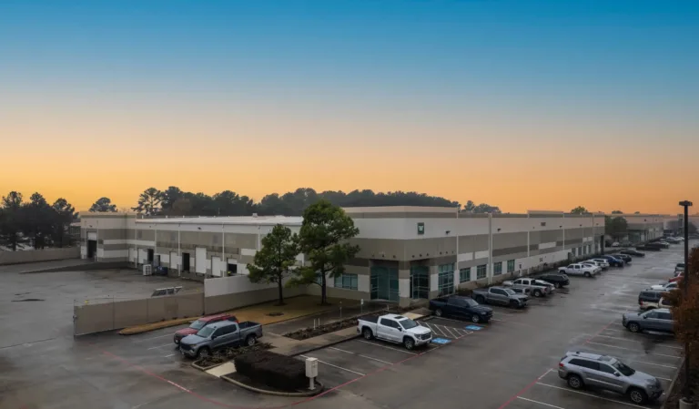 Large industrial warehouse building with multiple loading docks, parking lot filled with cars and trucks, two trees near the building corner, under a clear sky at sunset.