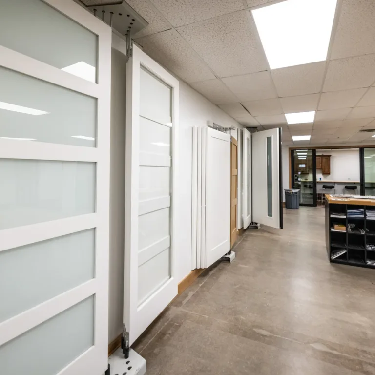 Interior showroom displaying multiple modern sliding glass doors with white frames on the left, an open office space with concrete floor, fluorescent ceiling lights, and cubby shelves filled with papers and materials on the right.