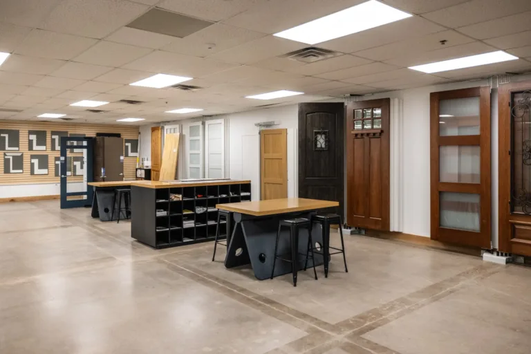 Indoor showroom with various wooden doors displayed along the walls and two tables with stools in the center, featuring concrete floors and fluorescent ceiling lights.