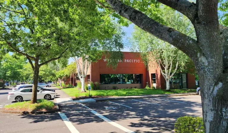 Wide parking lot with several parked cars and green trees surrounding a brick office building with a sign that reads Western Pacific, under a bright blue sky.