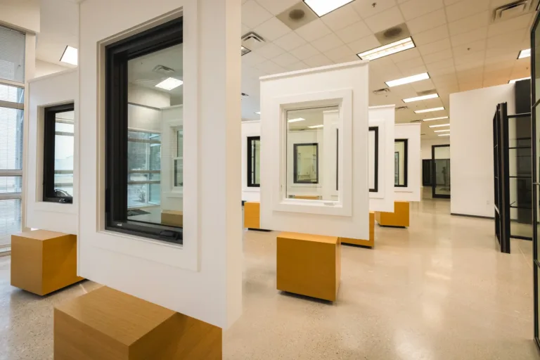Modern showroom displaying various window models mounted on white panels with wooden bases inside a bright room with tiled ceiling and polished concrete floor.
