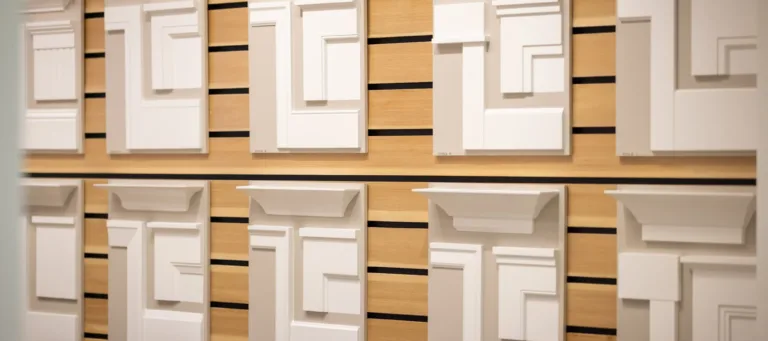 Wall display of white decorative molding corner samples mounted on wooden slats, arranged in two rows with different styles and shapes for interior design.